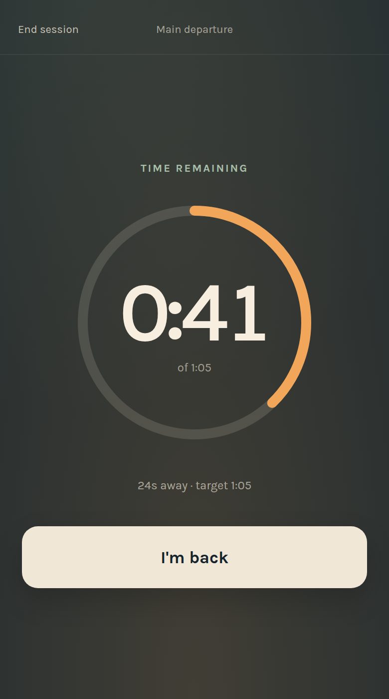 Live session: 0:41 remaining of a 1:05 target, with a large I'm back button.
